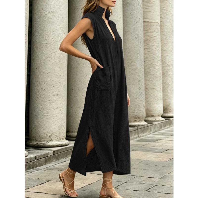 JPNTKY Women's Fashion Summer Spring Solid Color Print Sleeveless V-Neck Casual Dresses