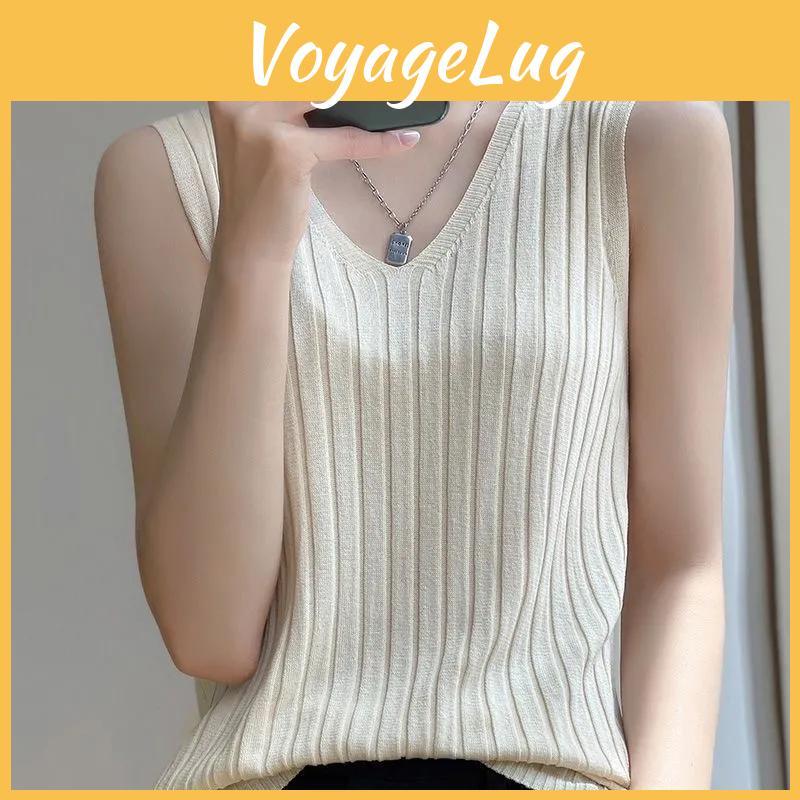 Loose Pullover Vneck Womens Summer Knit Undershirt Solid Color Sleeveless Bottoming Tshirt