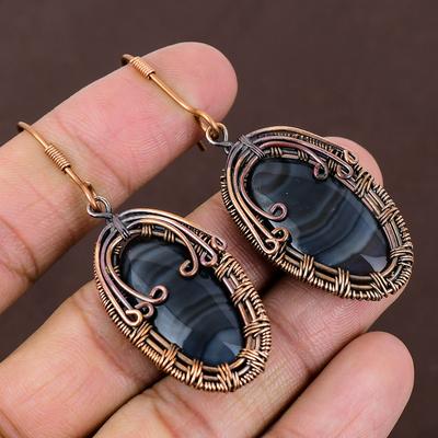 Ágata Bandado Negro Natural Piedra Preciosa Alambre de Cobre Envuelto Regalo Pendiente 2.56 y3a66