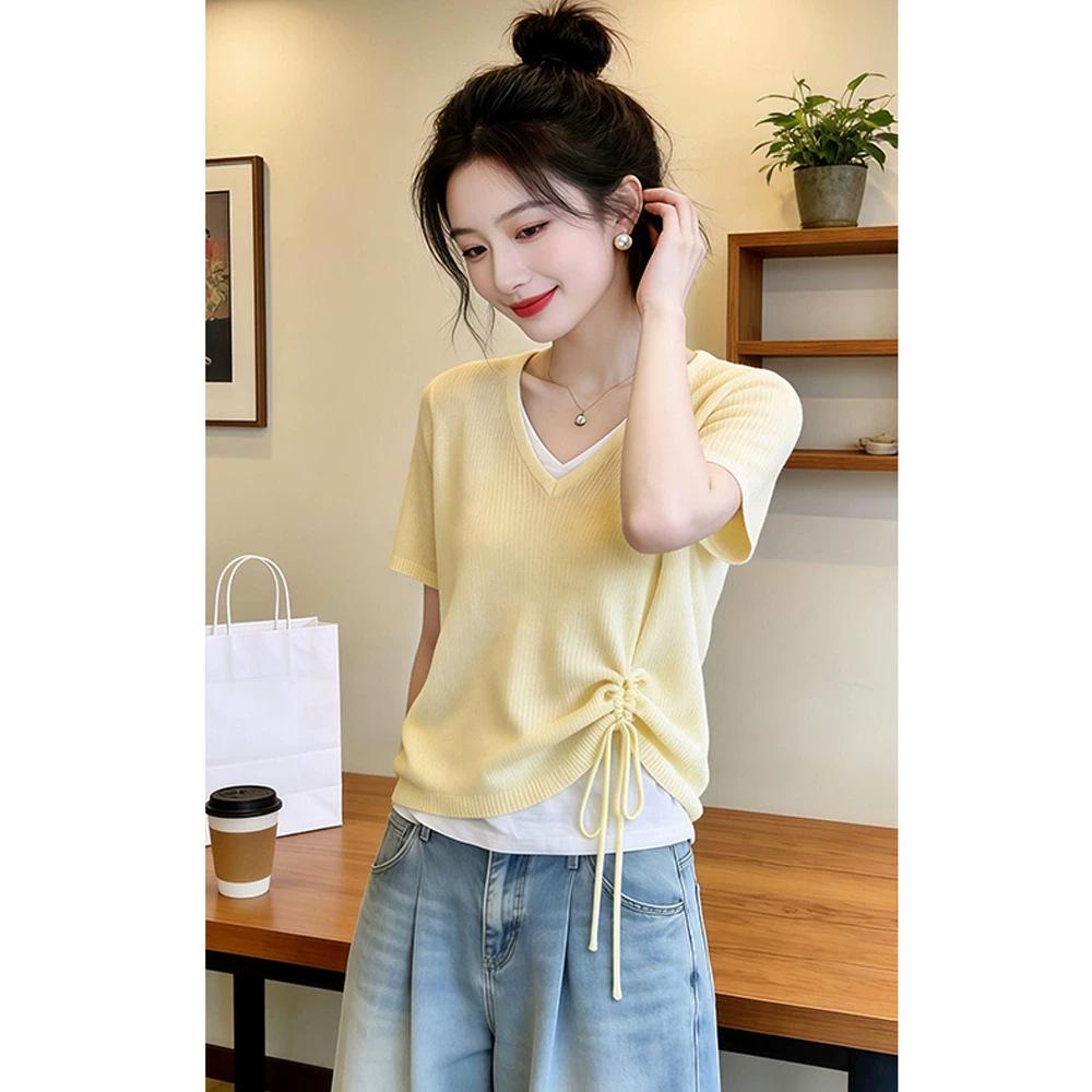 Thin breathable fake two-piece short-sleeved pullover knitted t-shirt summer temperament versatile and thin drawstring top