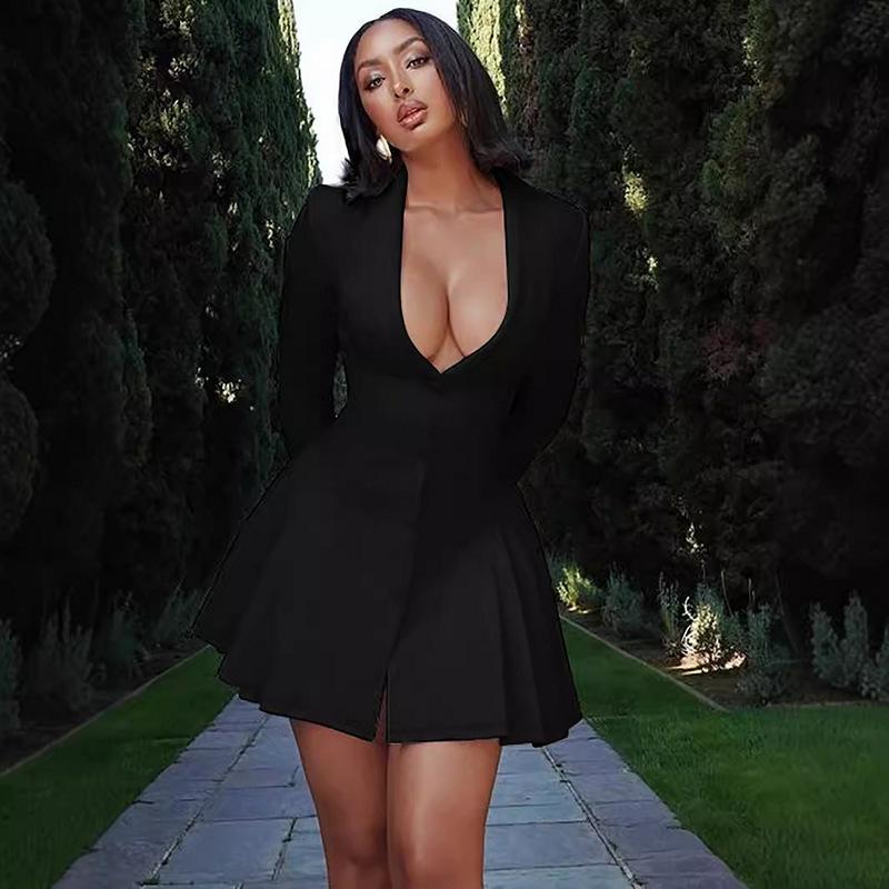 Evropská a americká dámská móda Podzim Zima Jednobarevné Dlouhý rukáv Plisované Hluboký výstřih do V Blejzrové šaty pro ženy