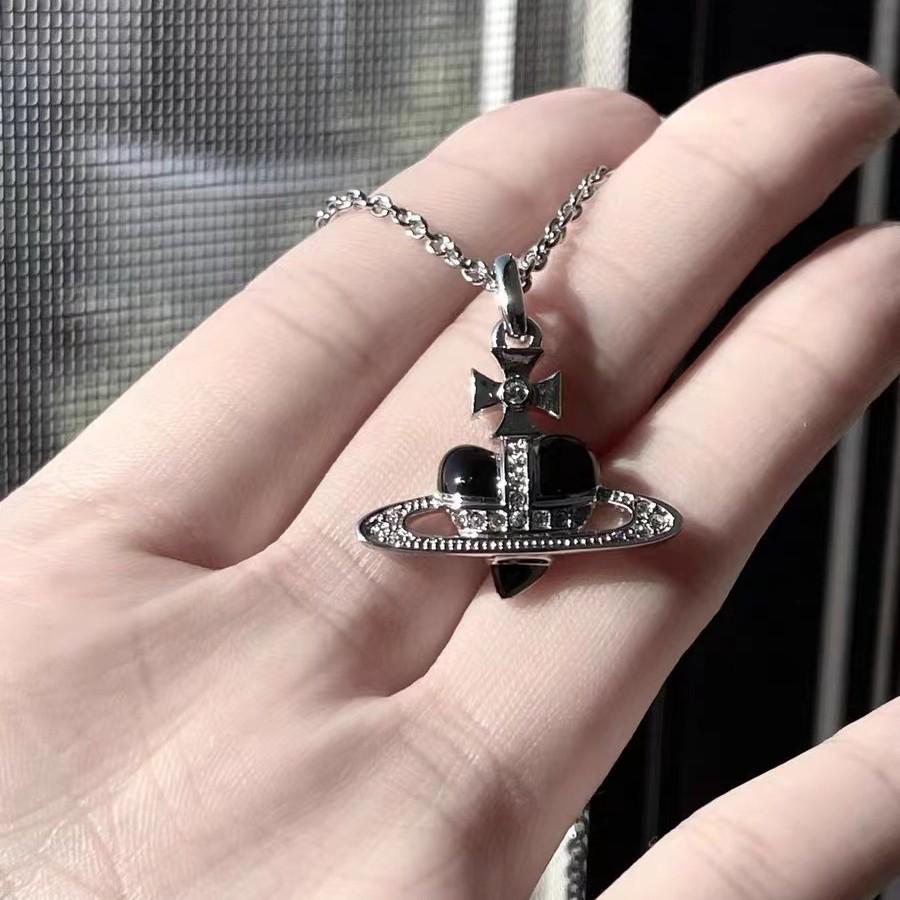 Small Heart Saturn Necklace with Enamel and Rhinestones - Punk Style