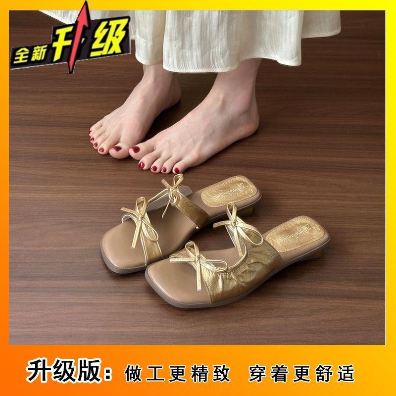 Bow flat bottom one-word slippers 2025 summer new French square head versatile fairy style sandals summer wear
