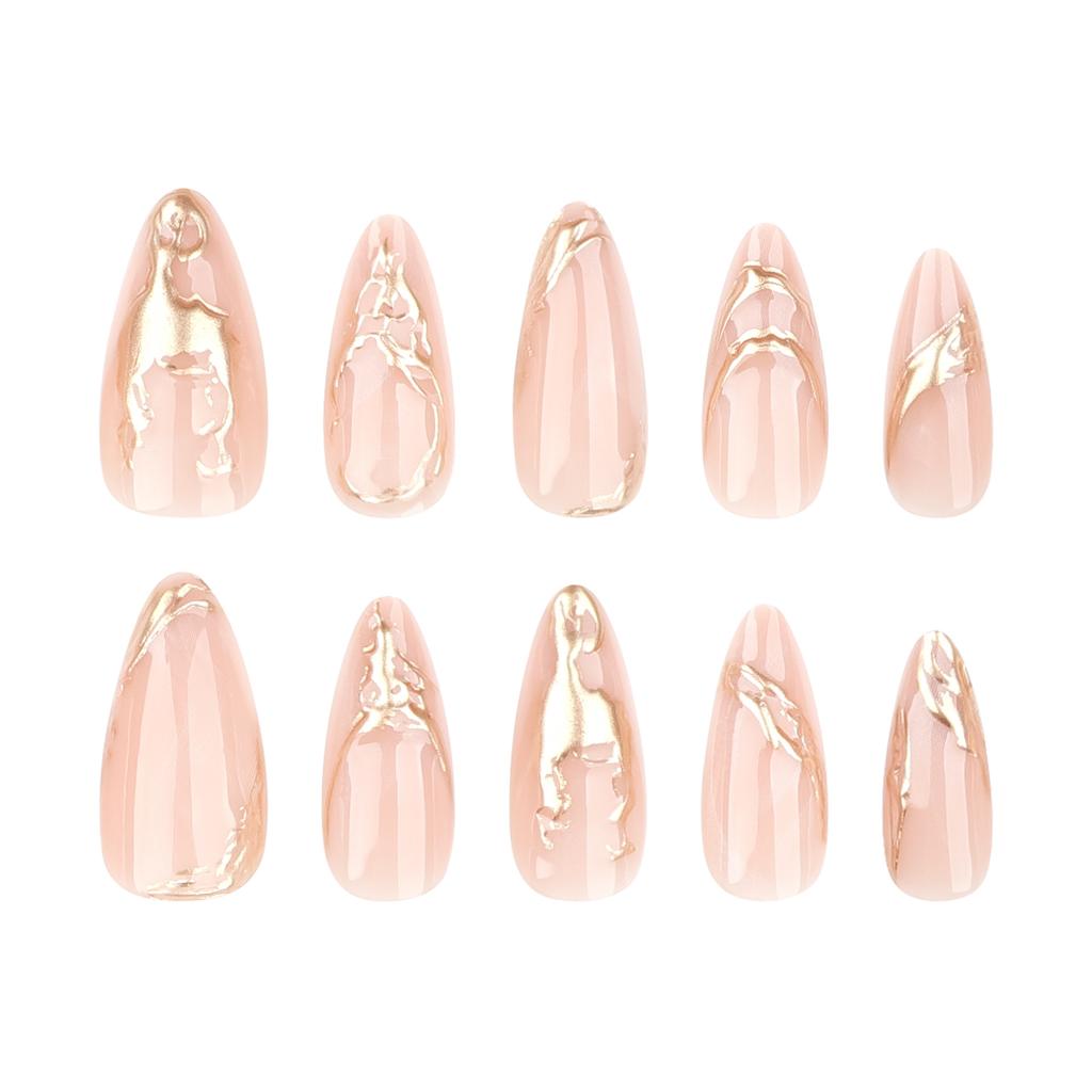 24pcs Simple New Product Nail Art Fake Nail Gold Paste 3D Wearable Nail Tablets Short Almond Heavy-wearable Nail Nail Patch