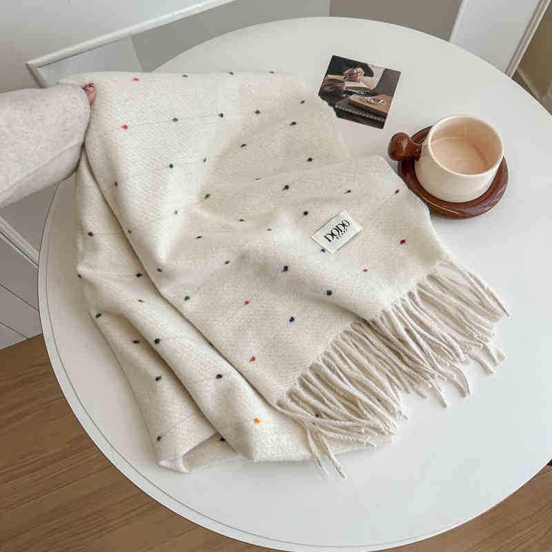 Solid Color White Scarf Women's Autumn and Winter New Polka Dot Tassel Korean Version Shawl Dual-purpose High-end Scarf