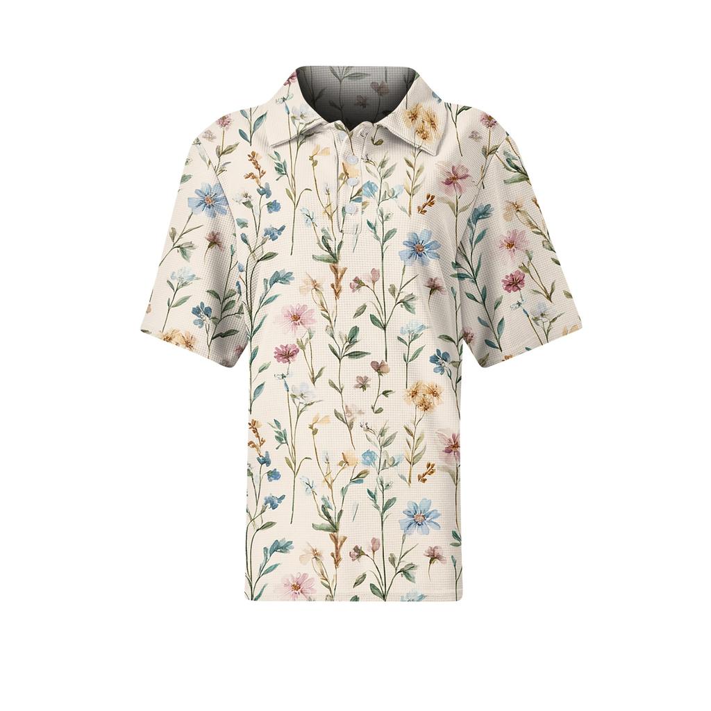Women’s Casual Knit Short Sleeve Collared Shirt with Floral Print Relaxed Fit Lightweight Top for Everyday Wear