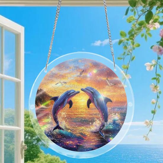 Acryl-Puzzle-Sonnfänger mit farbiger Lichtprojektion, DIY-Fensterhänge-Dekoration für Garten, Terrasse, Wohnzimmer, UV-bedrucktes Puzzle für Heimbüro