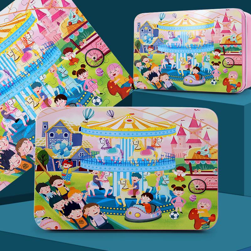 100-Piece Wooden Jigsaw Puzzle Tin Box for Children Ages 3-7: Educational Cartoon Toy