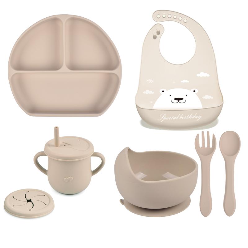 7pcs/set Baby Silicone Tableware Cartoon Printed Bibs Sucker Bowl Plate Cup Spoon Fork Sets Non-slip Children's Dishes BPA Free