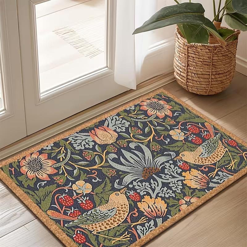 Welcome Door Mat with Symmetrical Flower and Bird Design Floor Mat Lightweight Home Bedroom Kitchen Corridor Hall Decorative Mat