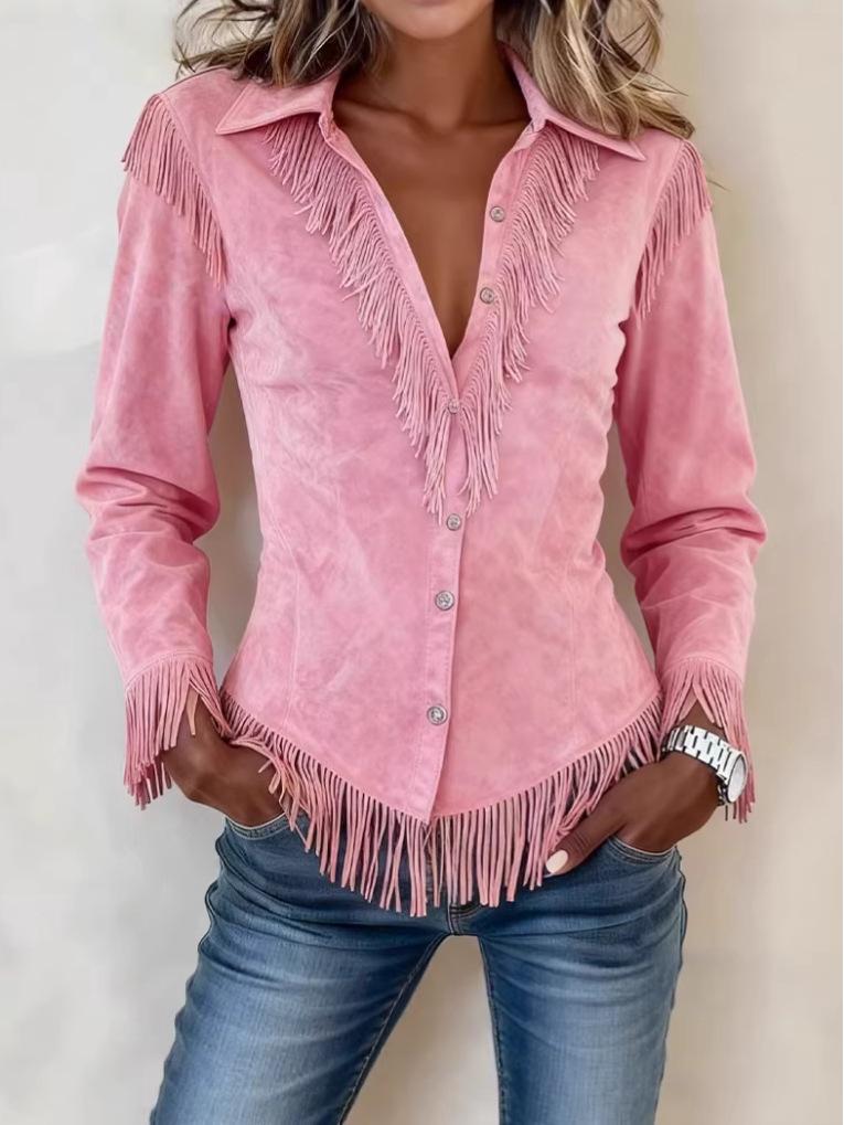 Women's Pink Suede Tassel Jacket - European & American Slim Lapel Coat for Autumn/Winter