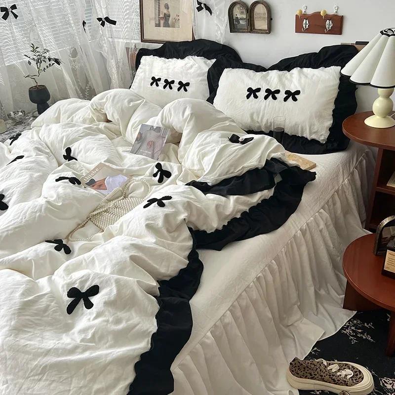 Black Bow Cotton Bedding Set, Princess Style Cute Girl Skin Friendly Soft Duvet Cover, Bed Sheet or Bed Skirt Pillowcase