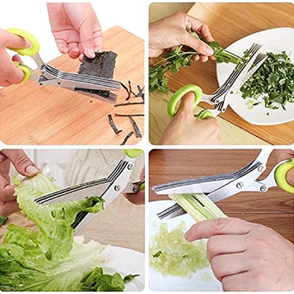 Homlly 5 Stainless Steel Blades Herb Scissors (Green) (X2PCS)