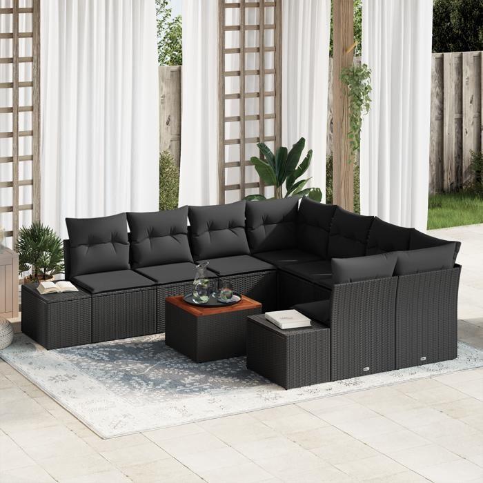 VidaXL Ensemble de canapé de jardin 9 pièces avec coussins en poly rattan noir et acacia 3347940