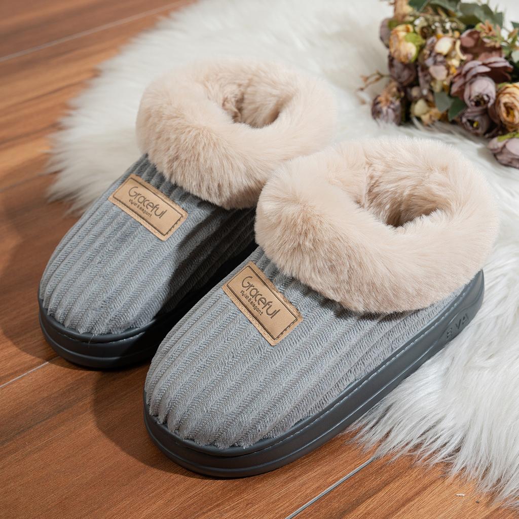 Autumn and Winter Cotton Shoes with Thick Soles for Men and Women, Home and Indoor with Velvet Wicks and Plush Slippers