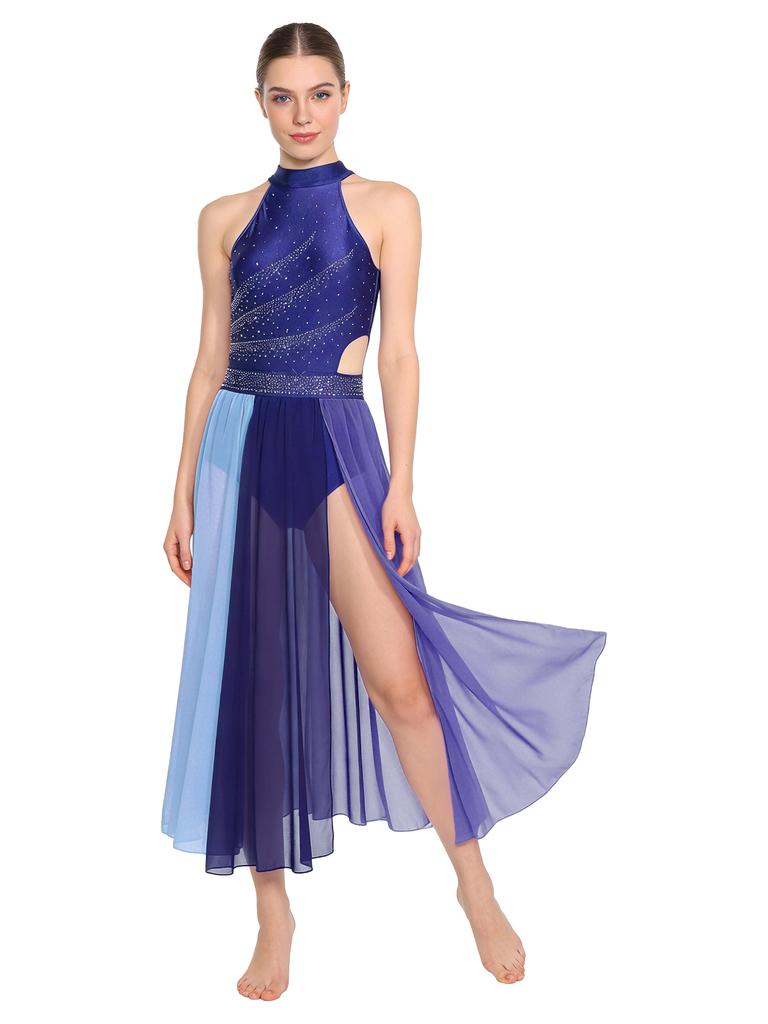 Rhinestone Color Block Mesh Leotard for Women S-XXL: Sleeveless Slit Hem Bodysuit Dress for Lyrical Contemporary Dance Costume