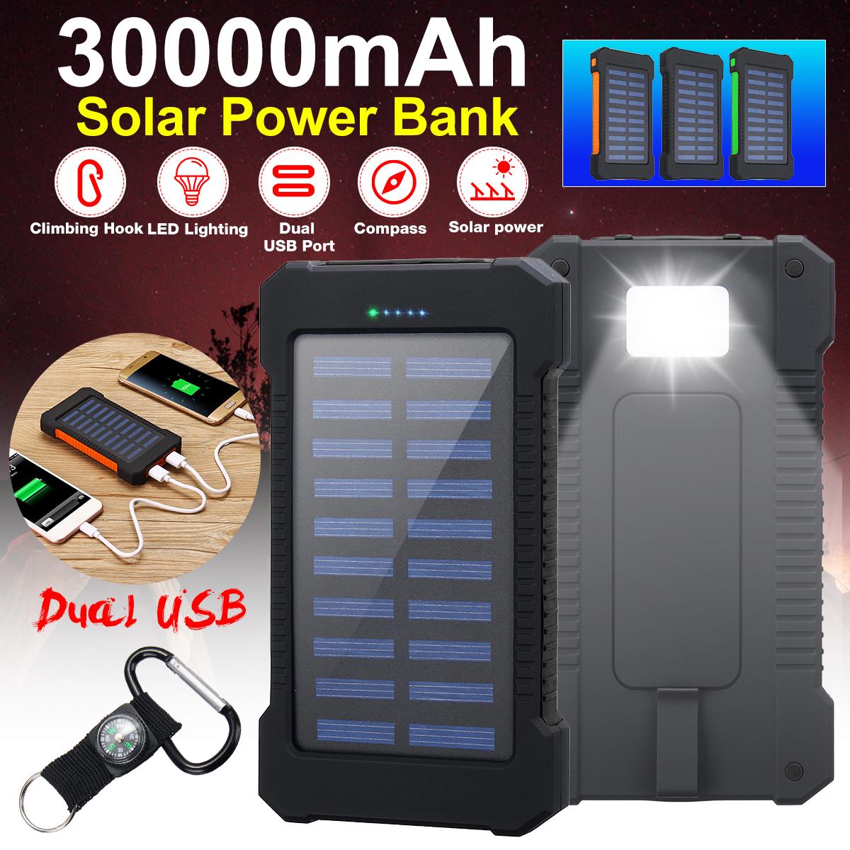 

30000mAh солнечной энергии банка Двойной USB Порт с компас Яркий фонарик для телефона GPS камеры