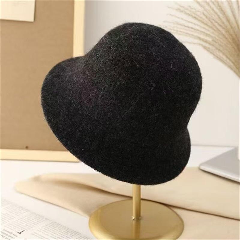 Wool blended bucket hat women's autumn and winter thermal basin hat knitted big face small face hat straight bucket hat women