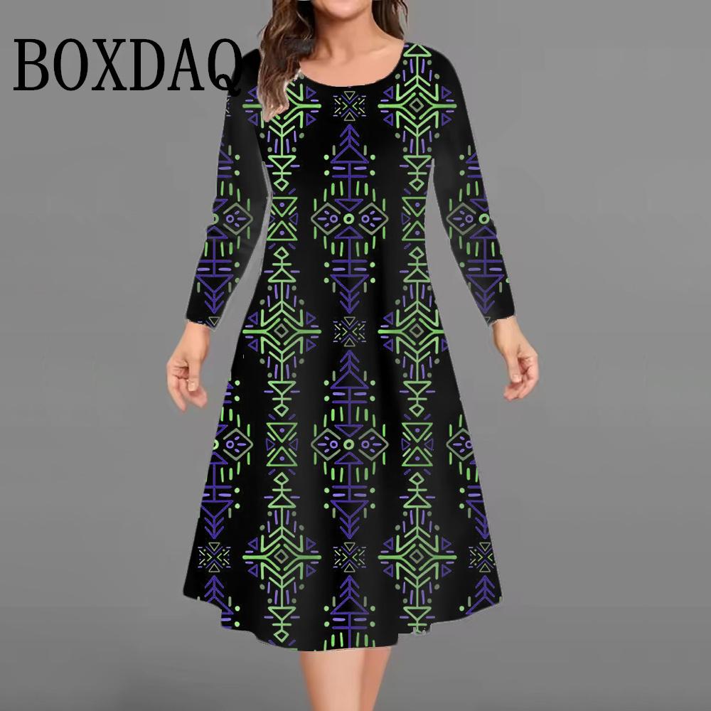 Loose Retro Women Flowers Print Dresses Autumn Fashion Clothing Plus Size Long Sleeve Mini Dress Casual O-Neck A-Line Dress
