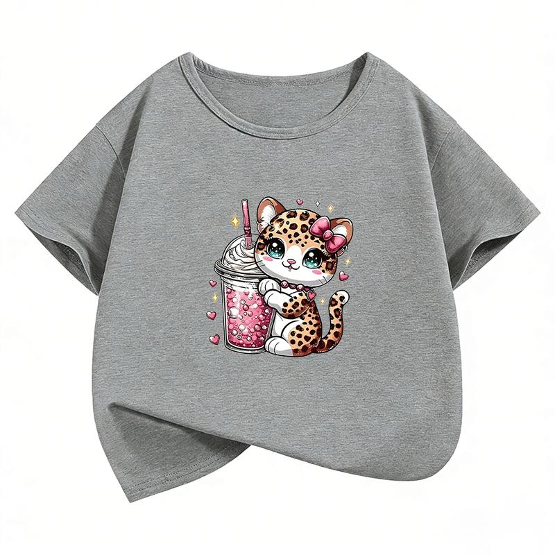 Leopardenmuster Katze T-Shirts Kurzarm Katze Lustig Manga Kinder Kinder T-Shirt Jungen Mädchen Lässiges Oberteil T-Shirt Sommer Frühling