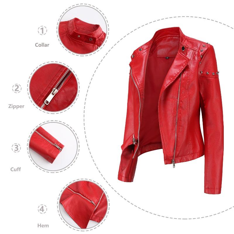 2 Nueva chaqueta de cuero con cuello alto de moda con remaches para mujer, chaqueta de color sólido para mujer, abrigo de primavera y otoño para mujer, chaqueta de cuero con remaches para mujer