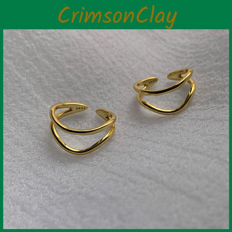 Stylish S925 Pure Silver Gold Color Curved Layered Finger Ring For Women