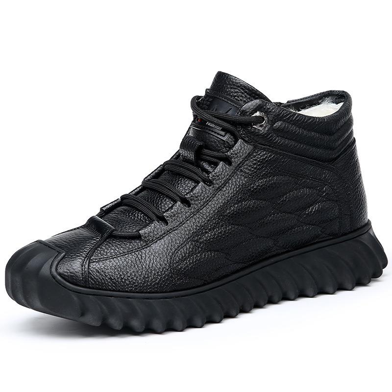 Herren-High-Top-Schuhe aus Rindsleder der ersten Schicht, Winter-Samt verdickt warmes Fell integriert, lässige Baumwollschuhe, rutschfeste Papa-Baumwollstiefel