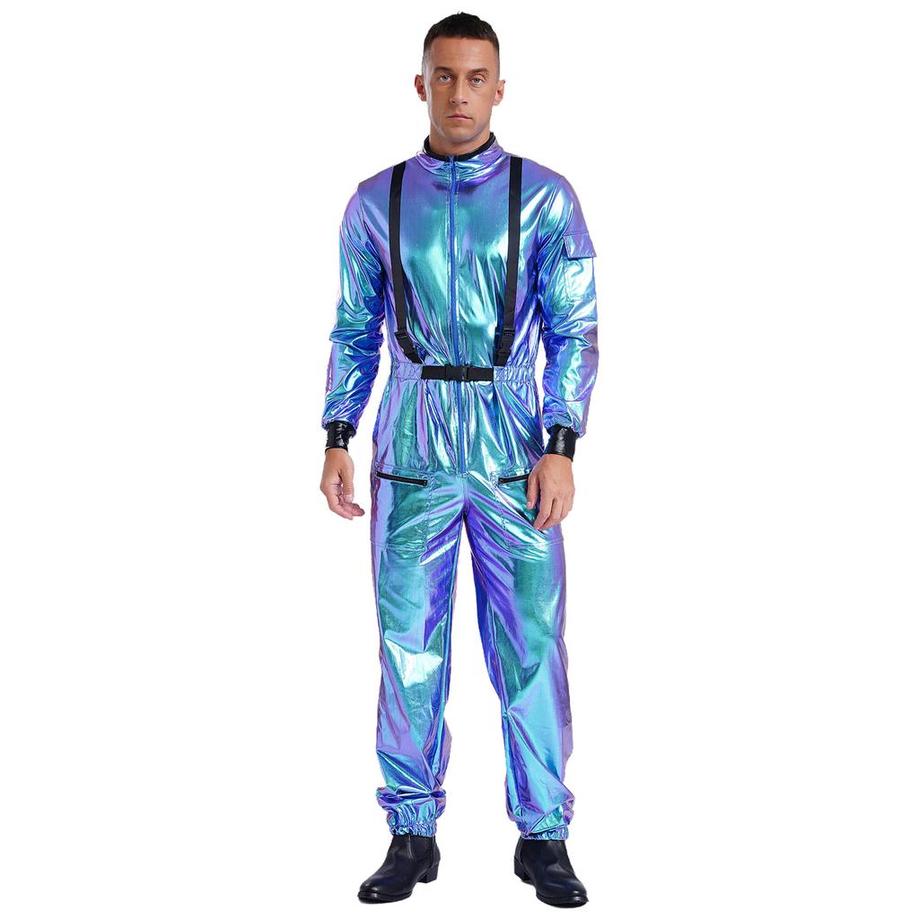 Traje de Role Play de Astronauta Masculino Macacão Brilhante Metálico de Gola Alta de Manga Longa Macacão com Zíper Roupa de Halloween