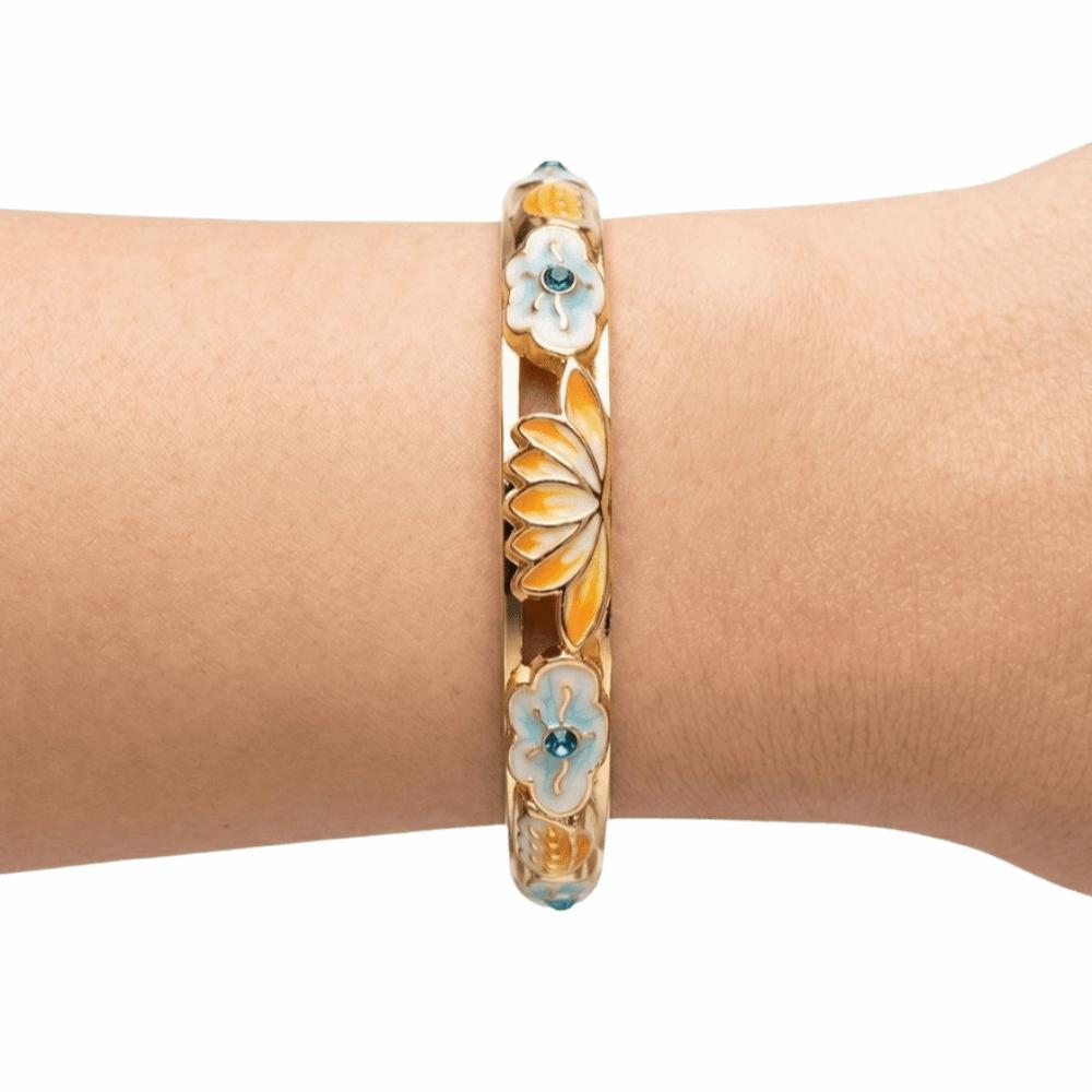 Gold Plated Enamel Floral Bangle Elegant Lotus Floral Open Cuff Bracelet Cloisonne Bangle Ladies