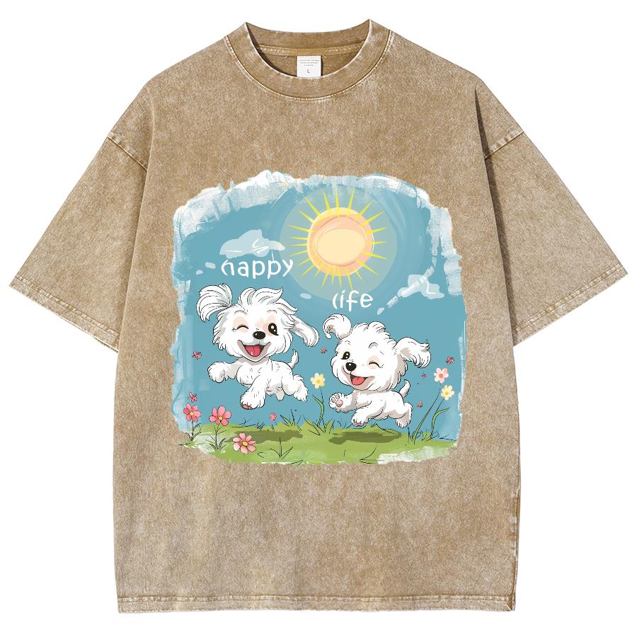 Summer Women's T-Shirt Cartoon Puppy Playful Print Y2K Oversized Crew Neck Short Sleeve Wash Unisex Casual Fairy Top