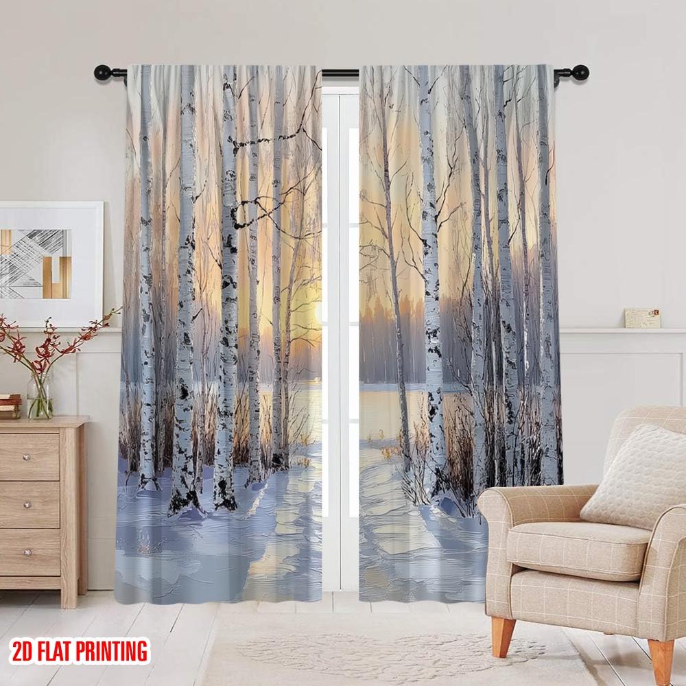 2D flat printing 2pcs Curtains birch Blackout Polyester Family Party Suitable for Party Decor bedroom decor