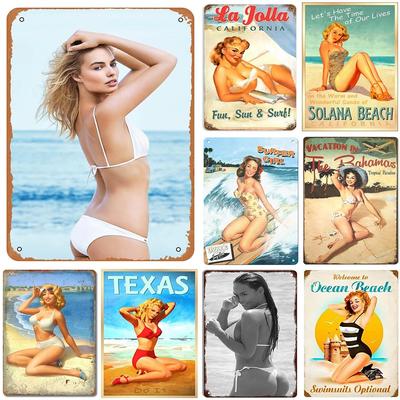 Mfoever Fém tábla Retro Tengerparti Pin-up Lányok Fém táblák Bikini Lányok Vintage Poszterek Játékszobába Bárba Férfi barlangba Kávézóba Irodába Otthoni Fal dekoráció Ajándék