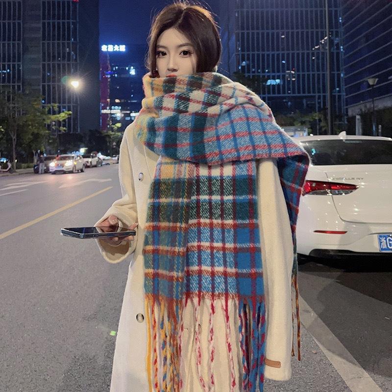 Korean Version of Mohair Rainbow Plaid Scarf Women's Autumn and Winter Popular Versatile Shawl High-end Imitation Cashmere Warm Scarf