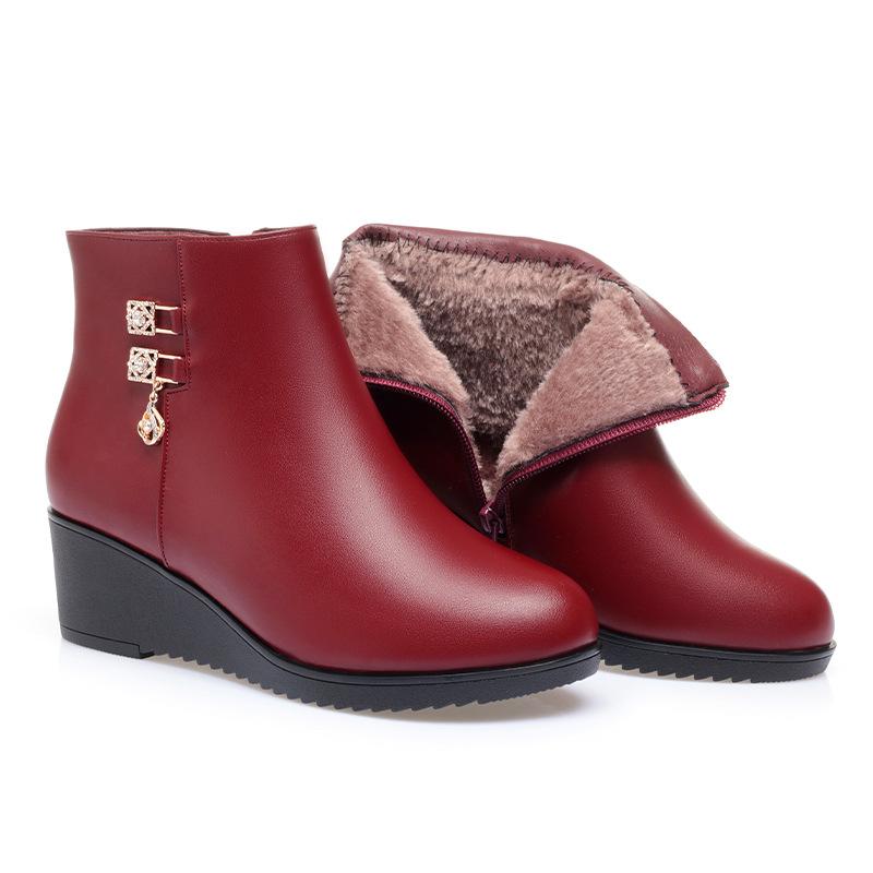Protiskluzová měkká podrážka klínový podpatek bavlněné boty zvyšující dámské kožené boty sametové podzimní a zimní ploché kotníčkové boty