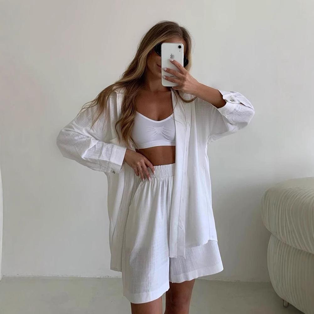 Cross-border Loose Fashion Suit Single-breasted Large-size Women's Clothing Long-sleeved Solid Color Shirt Casual Shorts two-pieCe Set