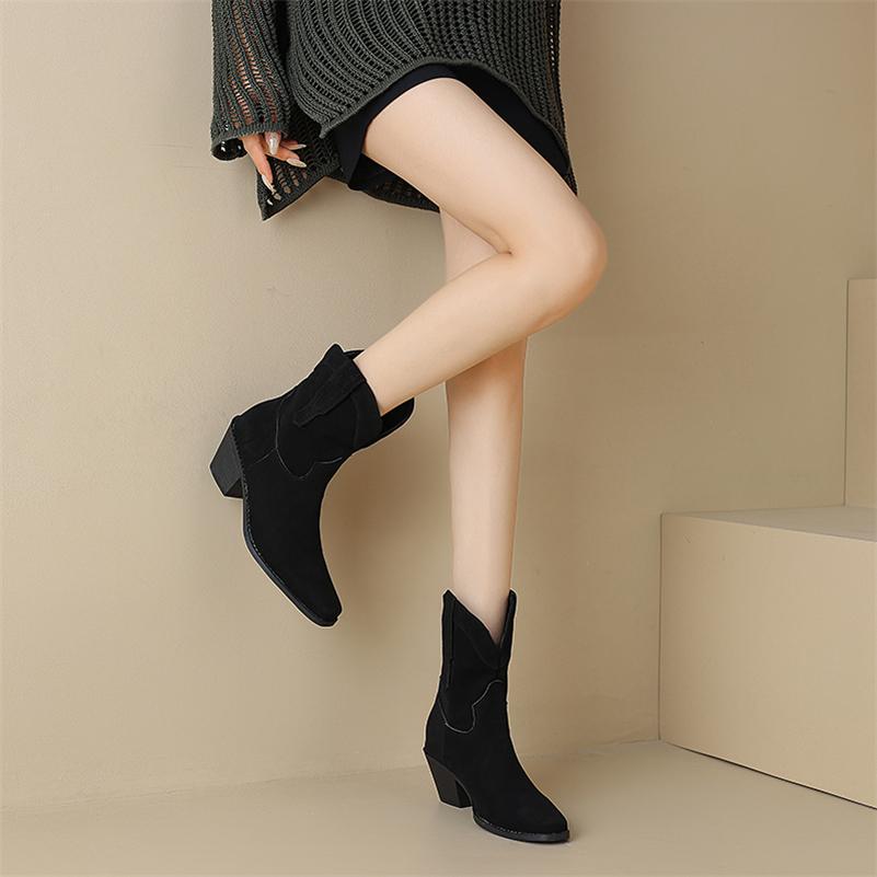 FOREADA Women Ankle Cowgirl Boots Square Toe Thick High Heels Western Boots Concise Cowboy Short Boots Ladies Fashion Shoes Autumn Winter