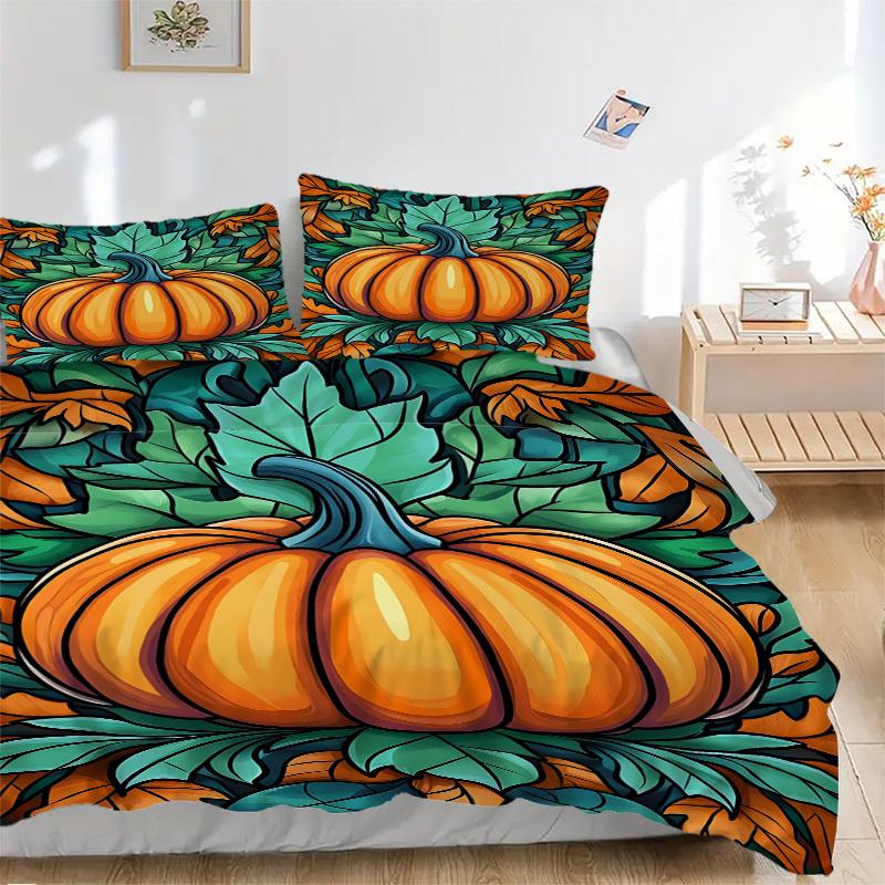 3pcs Pumpkin Halloween Bedding Set, Includes Without Pillow Inserts, Soft Comfortable Bedding Set,All-Season Use a0924087