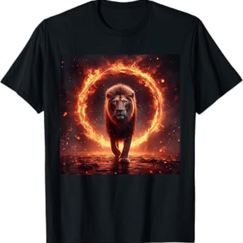 Lion Walking Through Fire Ring Graphic Tee Mens Womens Breathable Cotton TShirt Daily Wear