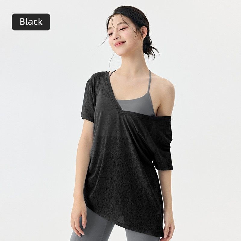 

Export Summer Pleating Silm Sports T-Shirt Loose-Fitting Lightweight Thin Breathable Pilates Tops Yoga Short Sleeve Blouse for Women Black L