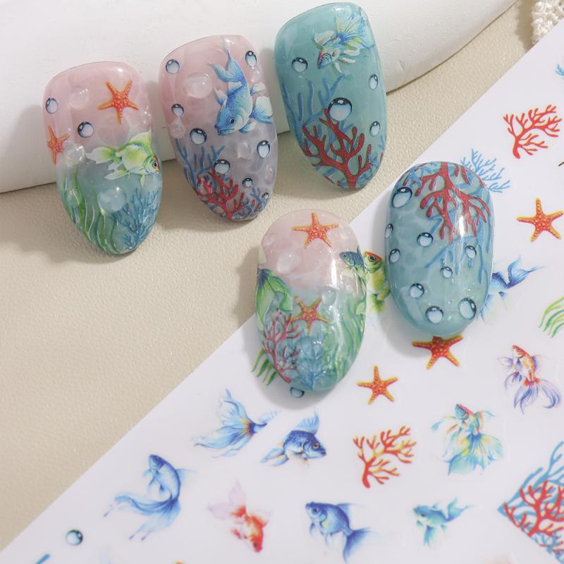 1 Sheet Holographic Jellyfish Dolphin Nail Art Stickers 3D Mermaid Ocean Shell Nail Decals Adhesive Ocean Beach Designs Nails