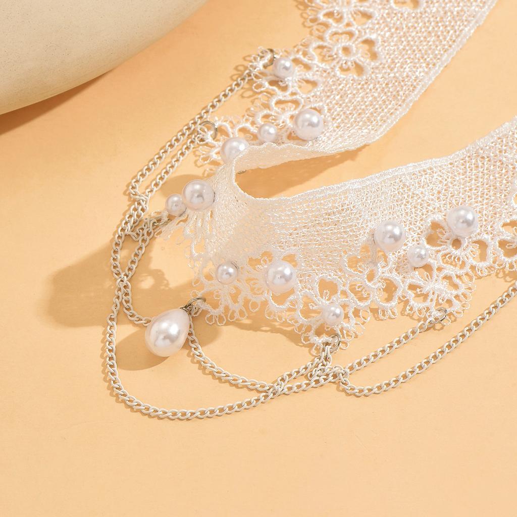 Bridal Lace Pearl Choker, Vintage Hollow Lace Wedding Clavicle Neck Collar
