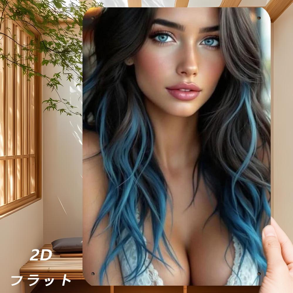 Винтажная металлическая настенная табличка Портрет женщины с синими волосами омбре Ретро японская железная табличка 8x12 дюймов 20x30cm