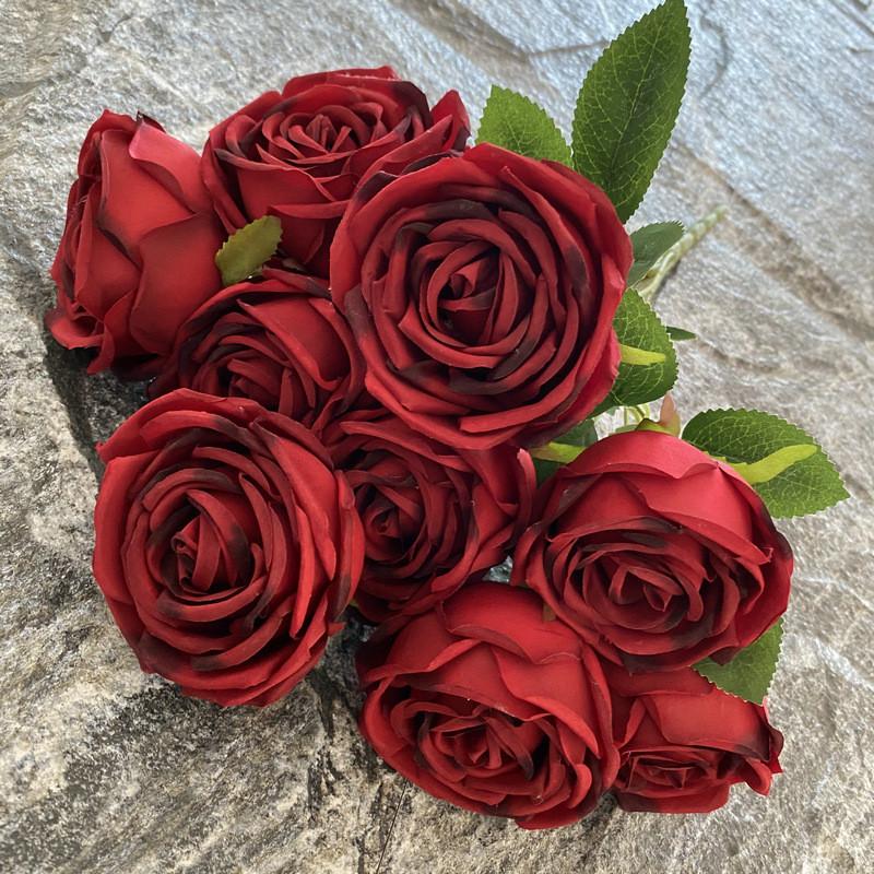 

9 Head Artificial Silk Flower For Wedding Photography Home Decorations Gift Dark Red