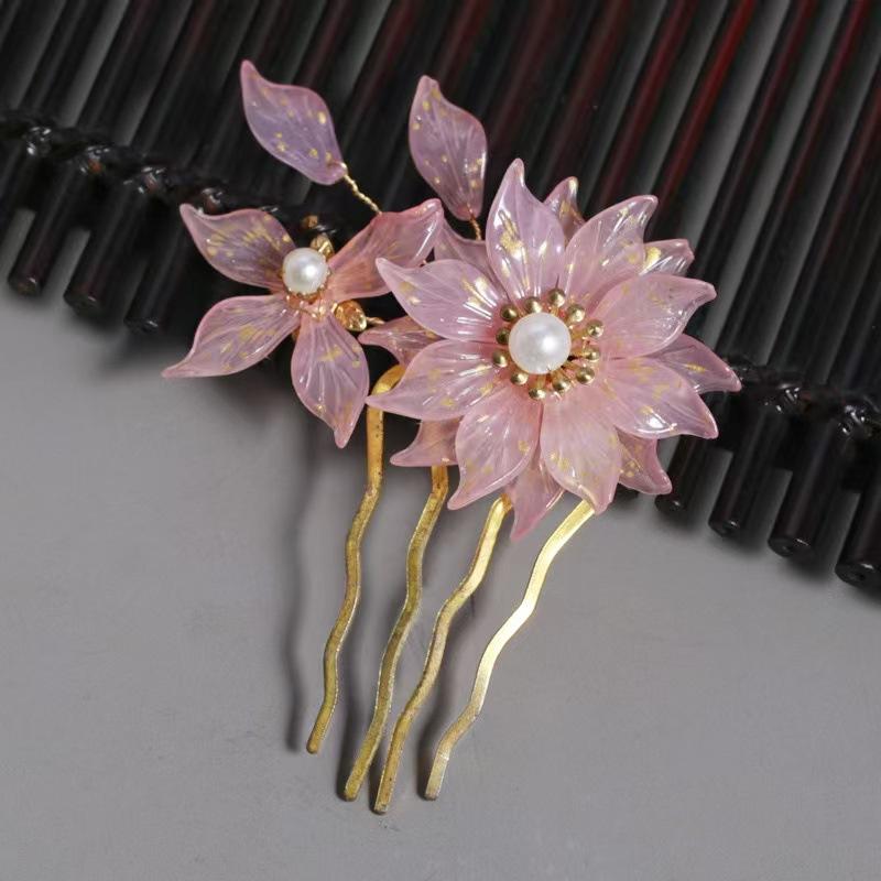 Vintage Flower Hairpin Elegant Chinese Style Glass Flower Hair Comb For Women Girls Exquisite Fairy Metal Hair Accessories 1pc