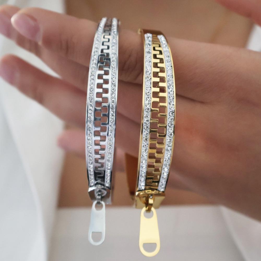 Shiny Zipper Bangle Vintage Zip Titanium Steel Hand Chain Exquisite Crystal Bracelet  Unisex