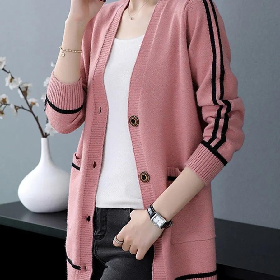 Women's Spring Autumn Outwear Cardigan Mid Length Loose Knitted Sweater Coat Knitwears Jacket