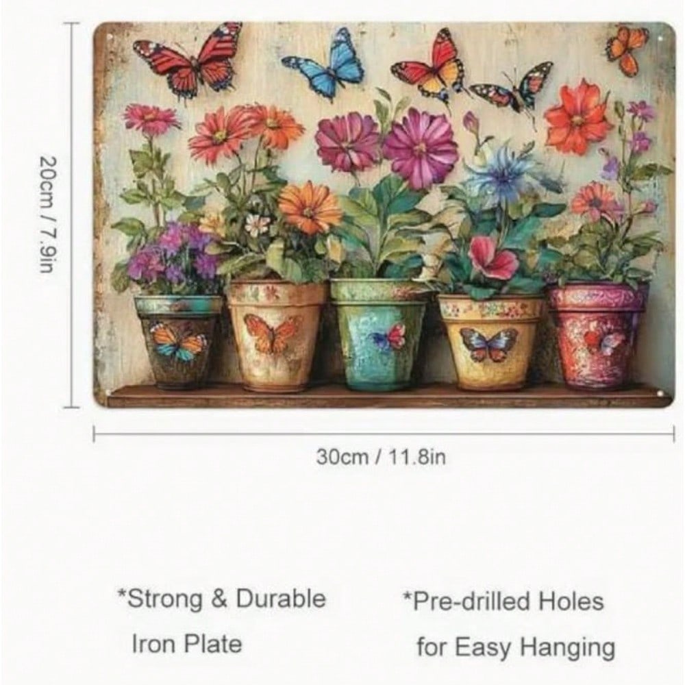 Vintage Flower Butterfly Metal Wall Art 12x8 Inch Garden Hanging Decor
