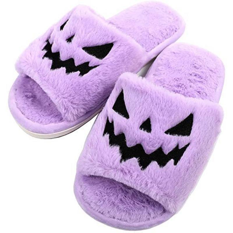 Halloween Large Size Slippers Women's Pumpkin Lantern Slippers Plush Comfortable Open-toed Women's Slippers