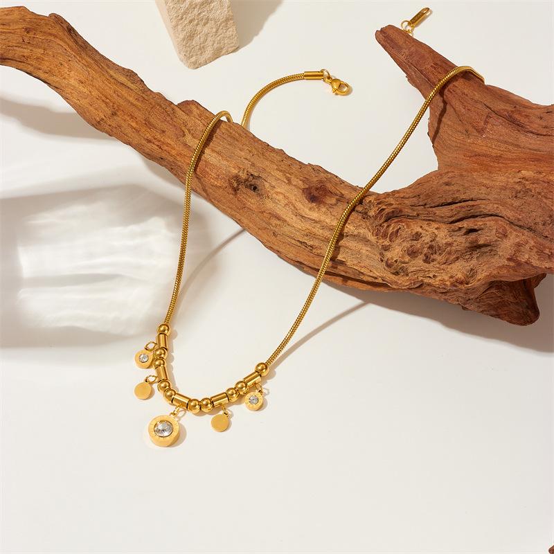 18K Gold Plated Charm Zircon Disc Necklace, Dainty Beaded Station Herringbone Choker for Women, Trendy Jewelry