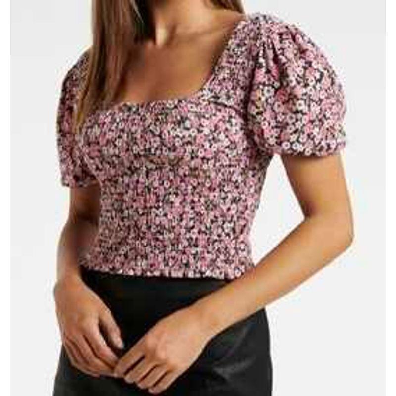 

Export Single FN Floral Summer New Arrival Stretch Body Shaping Line Figure Puff Sleeves Lady Joker Tops Women s Clothing Flower color L